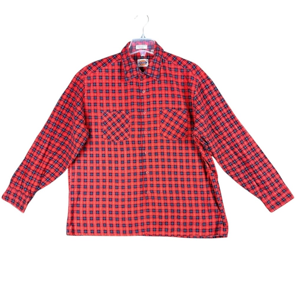 Vtg Dickies Men's XL Red Blue Plaid Long Sleeve Button Cotton Preshrunk Shirt